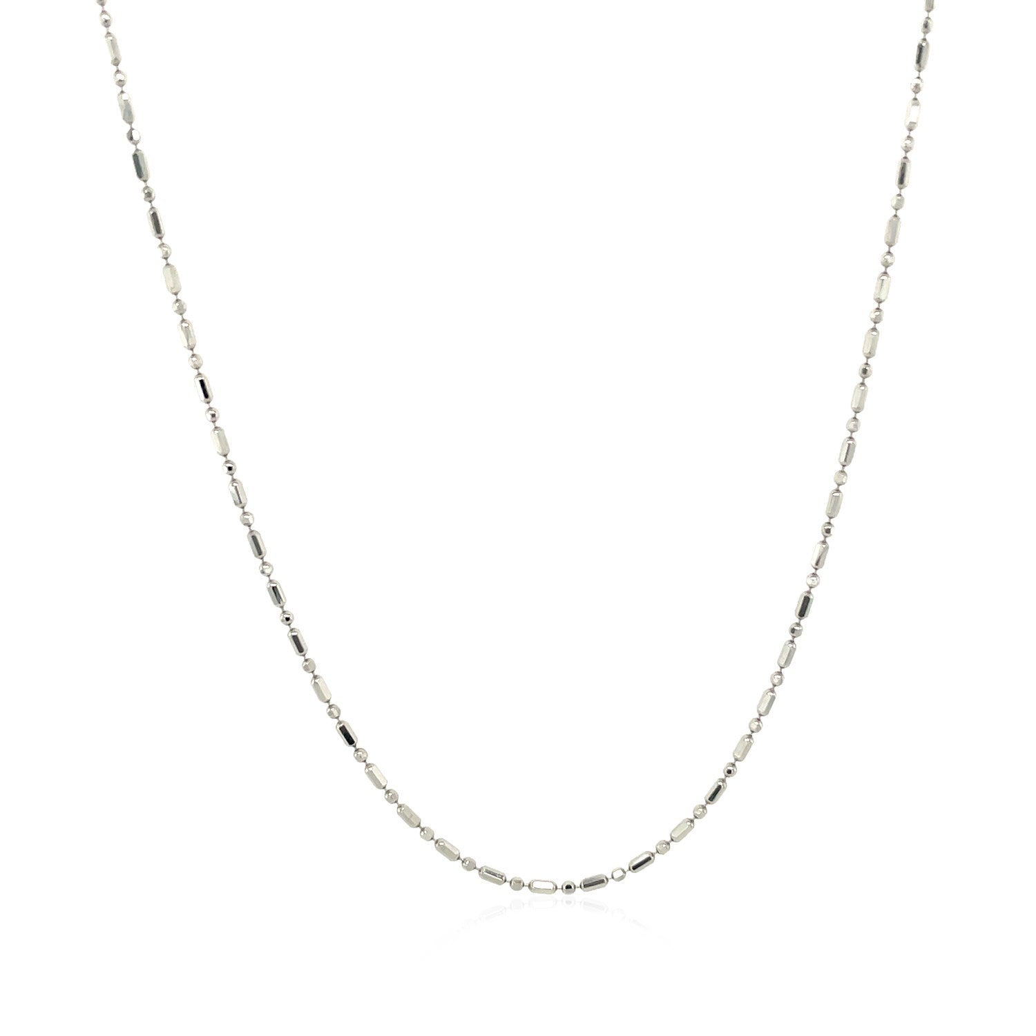 14k White Gold Diamond-Cut Bead Chain (0.90 mm) in a sleek high-contrast midnight luxury editorial style